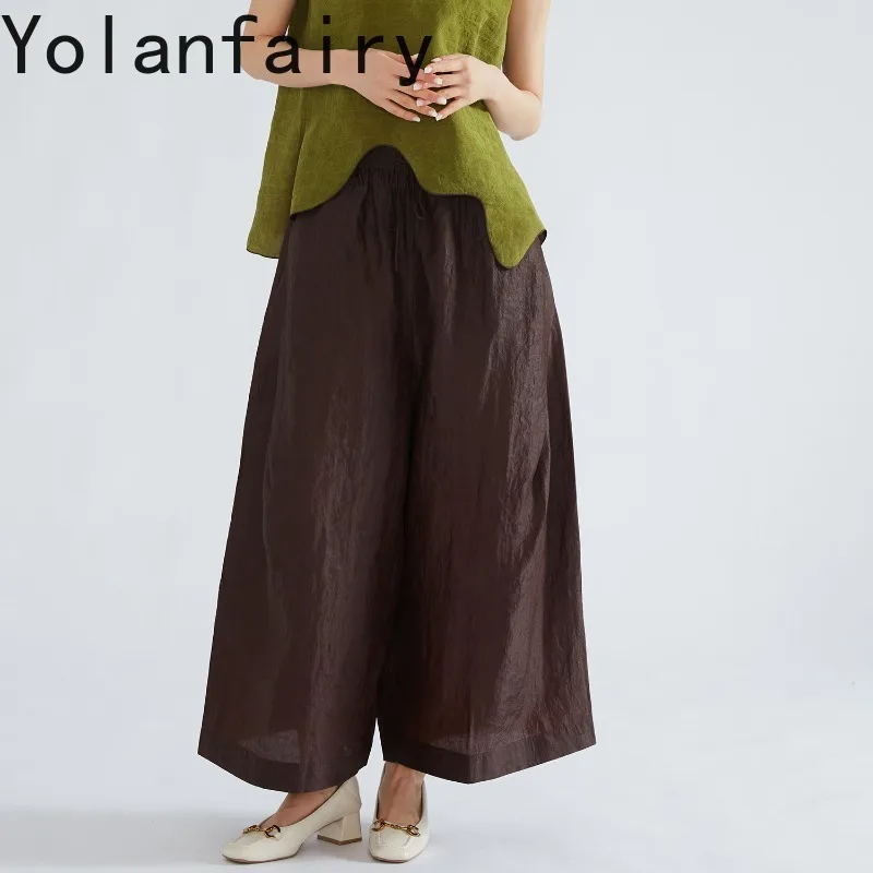 YOLANFAIRY Summer Red Watered Gauze Trousers Women 100% Natural Mulberry Silk Pants Woman Pleated Texture Wide Leg Pants Casual