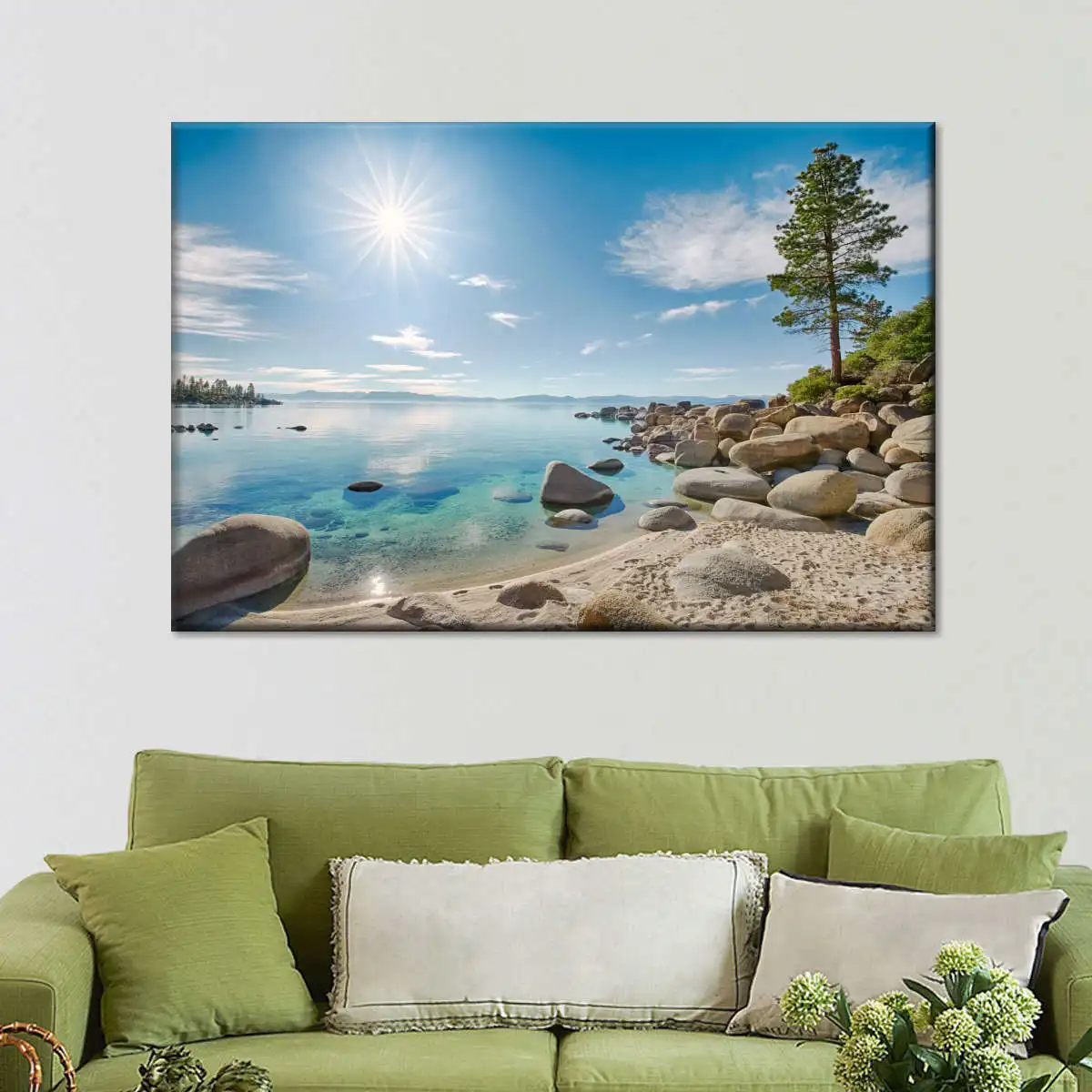 1PC Bright Sunlight Lake Shore Pine Tree View Wall Poster, Mountain Lake Boulder Beach Natural Scenery Art, Unframed Wall Decor