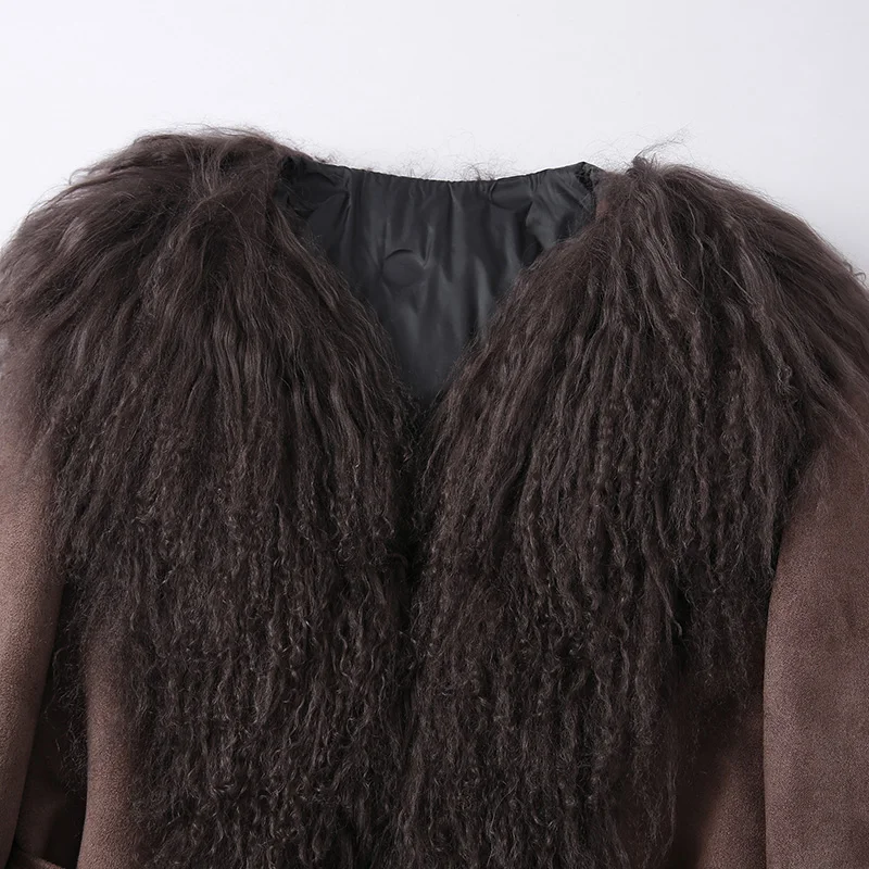 Lady Luxury Winter Thick Warm Mongolian Sheep Fur Collar Cuffs Natural Fur Coats Women Stand Collar Crop Jacket LZ6513