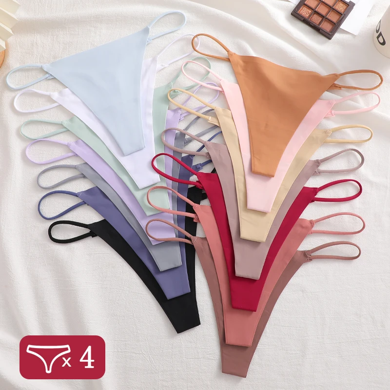 4 Stück Damen-Höschen aus nahtloser Eisseide, einfarbig, ultradünn, atmungsaktiv, Tangas, Unterwäsche, Damen, niedrige Taille, elastisch, sexy Dessous