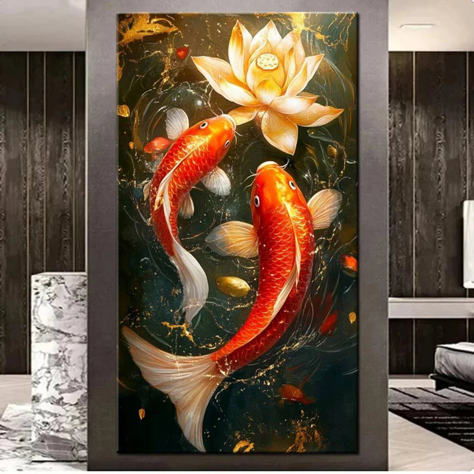 Koi Carp Lotus flower 5D Diamond Embroidery Full Diy Diamond Painting Mosaic Cross stitch Chinese Good Luck Landscape Home Decor