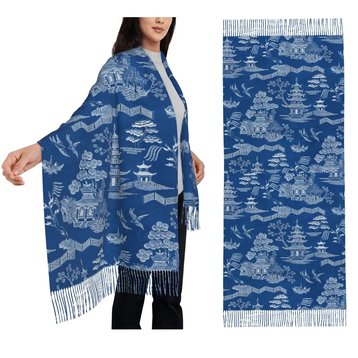 Chinoiserie معبد كرين قارب الريف ديكور المنزل وشاح شرابة الأوشحة للنساء شال ويلتف كبير الخريف الشتاء شال التفاف