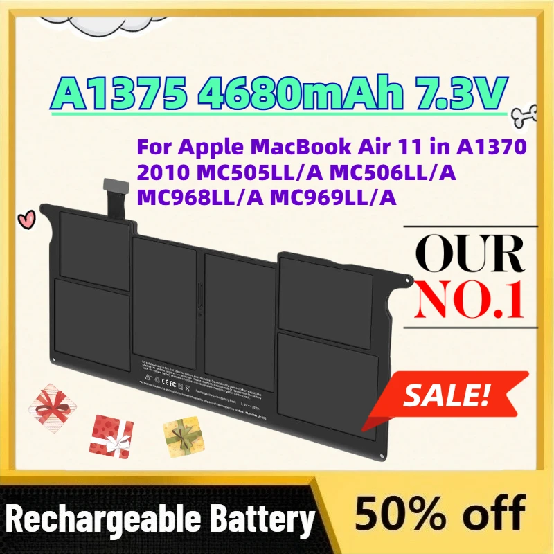 High-Quality A1375 4680mAh 7.3V Laptop Battery for Apple MacBook Air 11 in A1370 2010 MC505LL/A MC506LL/A MC968LL/A MC969LL/A