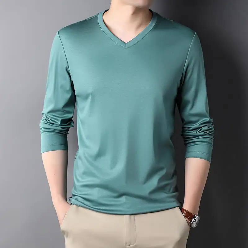 

MRMT 2024 Brand New Cotton Long-Sleeved t-Shirt Men's V-Neck Solid Color All-Match Middle-Aged Men's Bottoming Shirt Tops