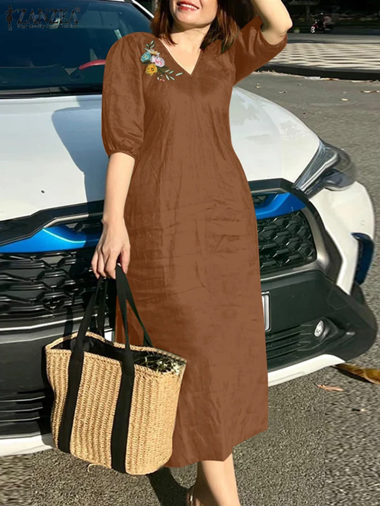 Summer Fashion V Neck Half Sleeve Dress ZANZEA Women Elegant Casual Work Party Sundress Floral Embroidery Vestidos Casual Robe