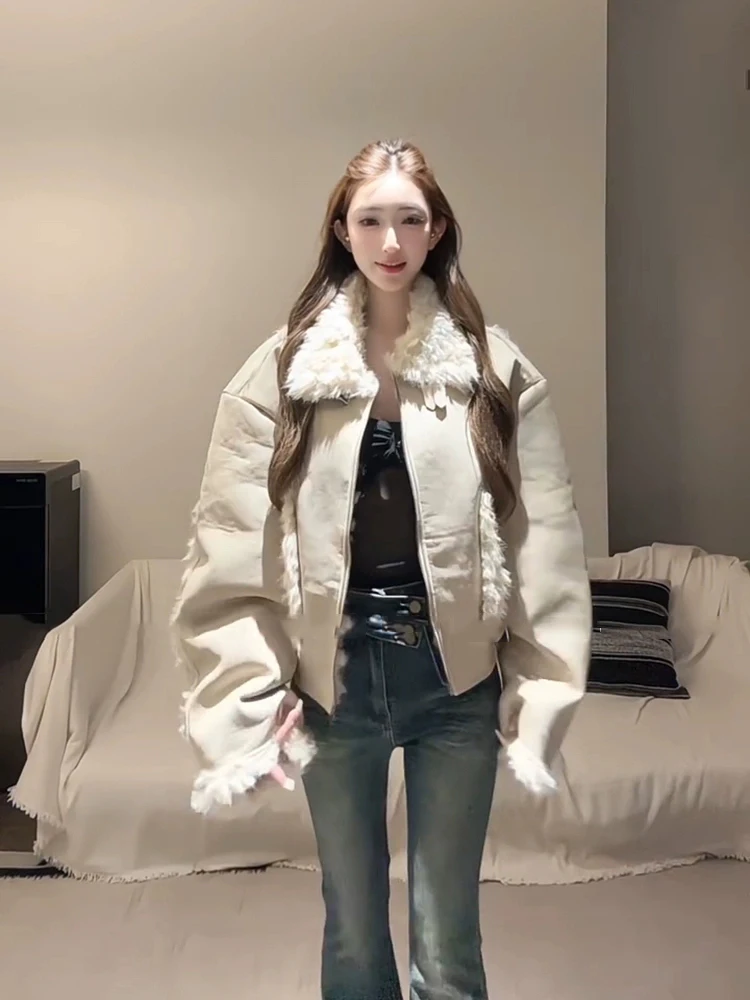

XZY Korean Sle Loose Fit Fur Leather Jaet Women's plus Size Winter High Collar Coat Polyester Fiber Long Sve Zipper