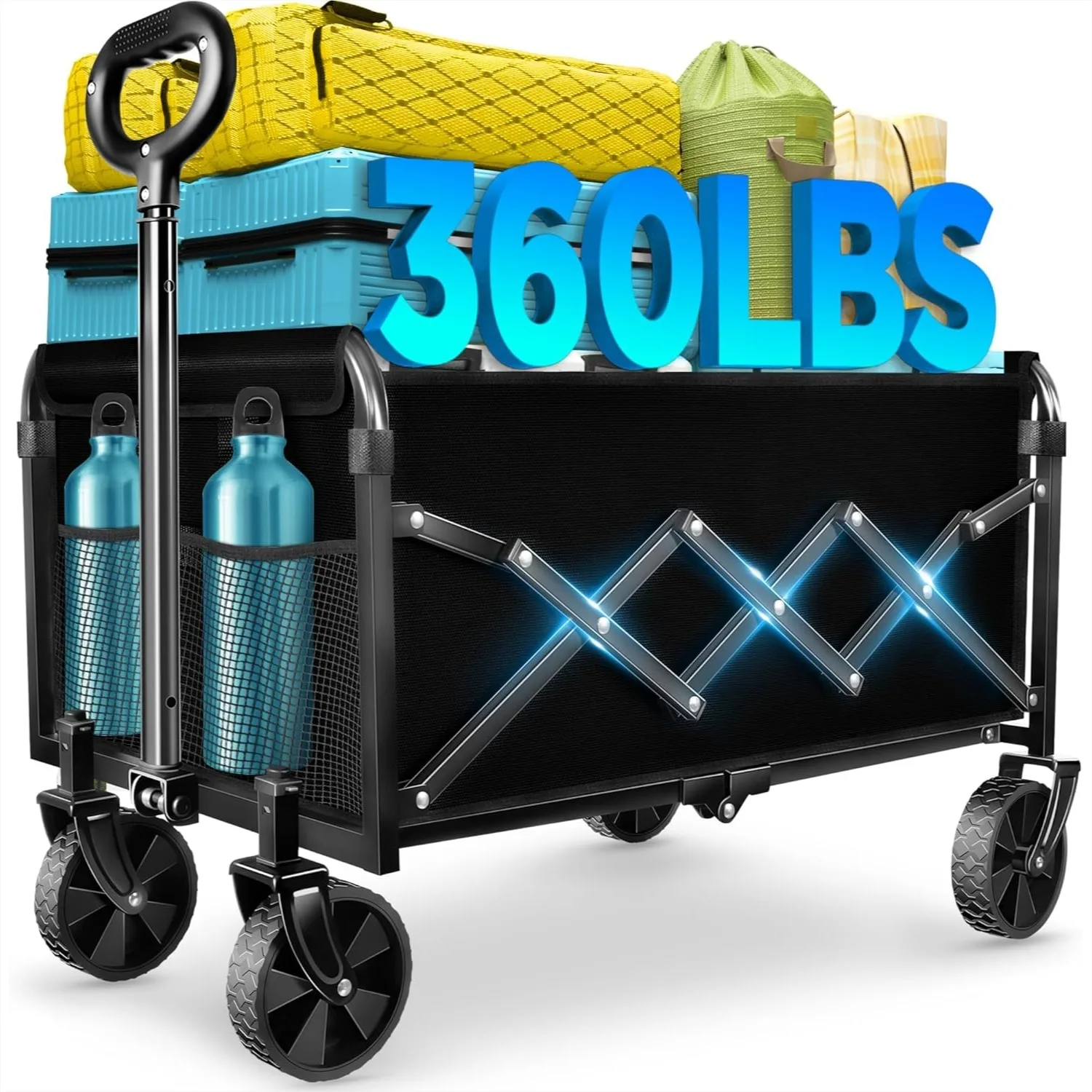 

Collapsible Wagon Cart with Wheels for Sports Camping Grocery, Heavy Duty 360 lbs Capacity, Black