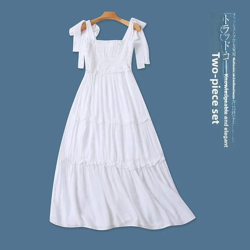 Novo Vestido Midi F de Verão, Sem Alças, com Laço, Elástico, Psado, Estilo Camadas, Cintura Alta, Sem Mangas, Cor P...