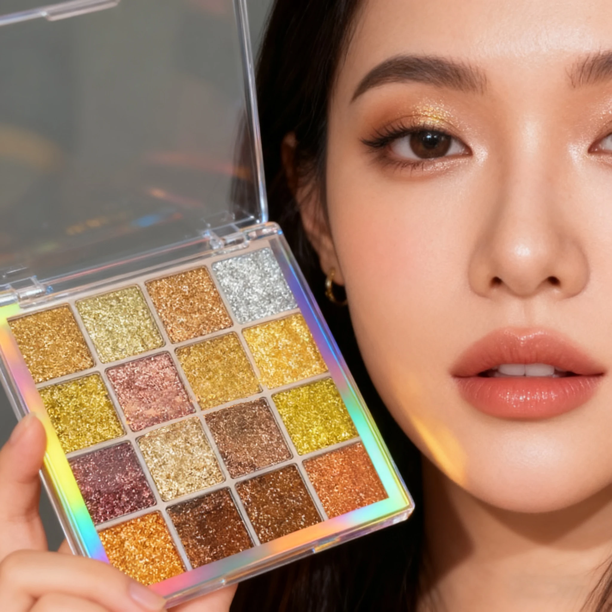 لوحة ظلال عيون لامعة مكونة من 16 لونًا لامعة ومتعددة الألوان وترتر لامع ونهاية الجسم والوجه ومراحل مكياج للحفلات لون ذهبي
