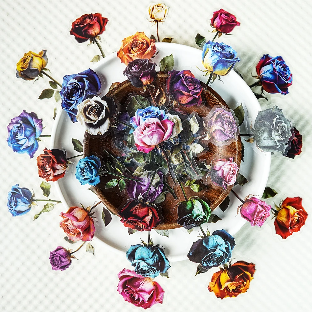 สติกเกอร์ดอกไม้บดโทรม 10/30/56 ชิ้น สติกเกอร์กุหลาบหลากสี สติกเกอร์ใสสำหรับตกแต่งสมุดภาพ โทรศัพท์ สมุดบันทึก กันน้ำ