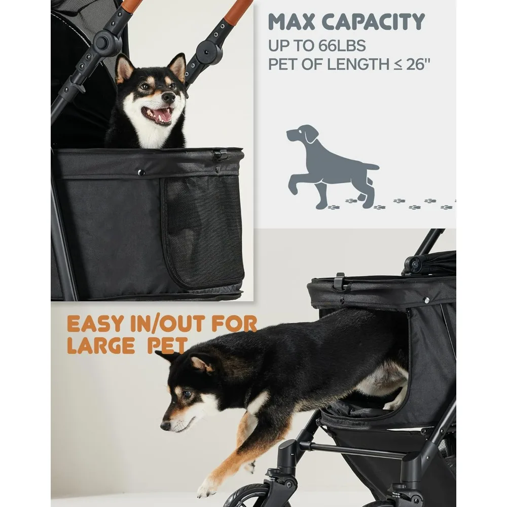 Medium Pet Stroller for Dogs Up to 66lbs, Adjustable Handle, 4 Wheels for Medium/Large Dogs and Cats, Waterproof Pad