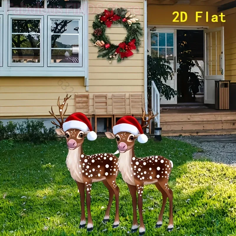 Decorazione Natalizia da Giardino in Acrilico Trasparente 2D con Renna Maculata e Cappello di Babbo Natale, Segnaposto per Prato e Giardino
