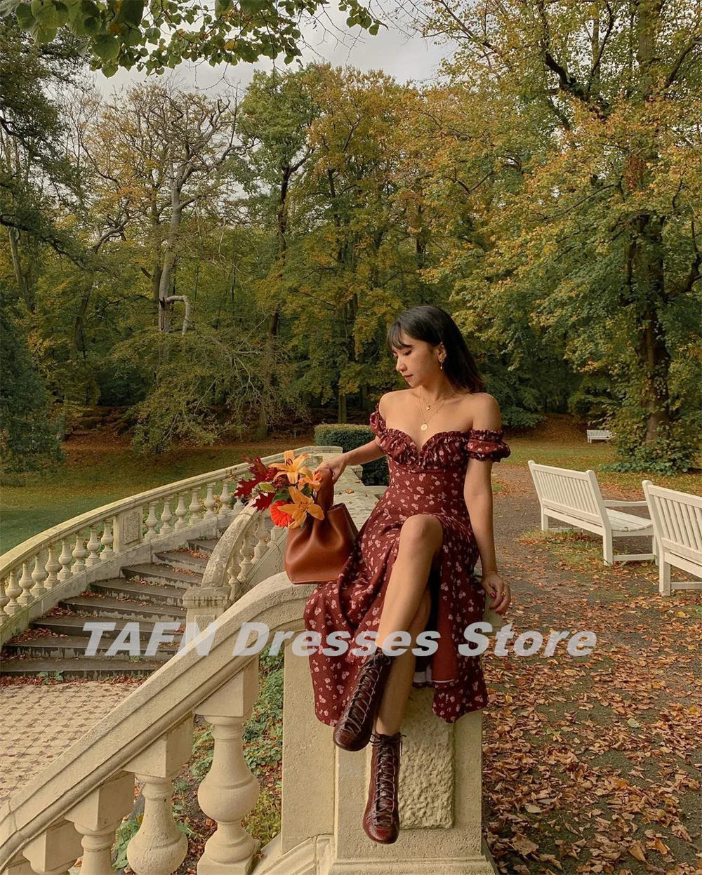 TAFN French Retro Literary Dresses Off the Shoulder A-line Draped High Slit Prom Gown Tea-Length Party vestidos de festa