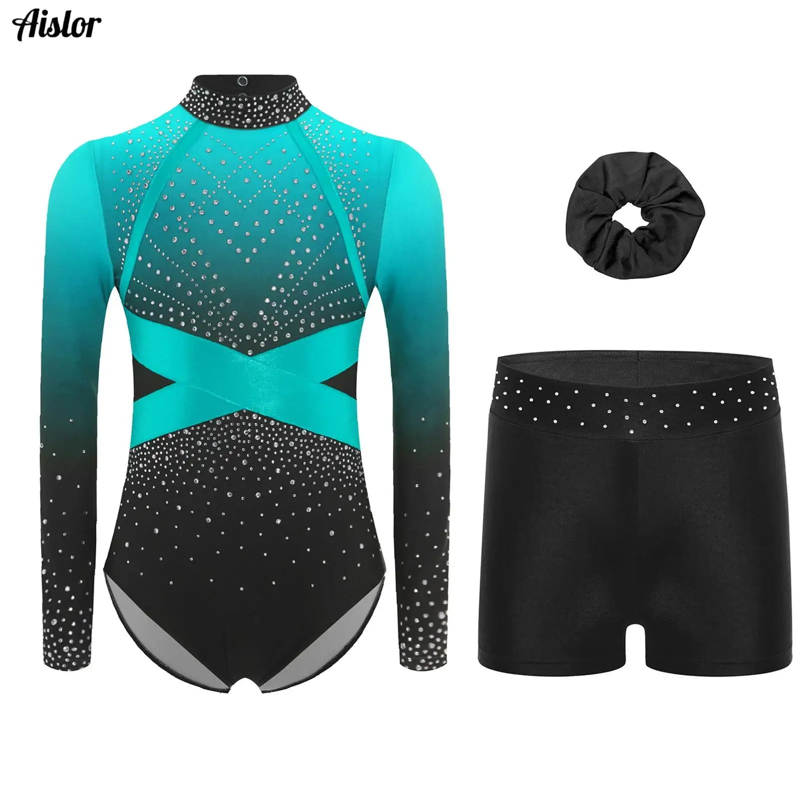 

3Pcs Kids Girls Gymnastics Dance Bodysuit Ice Skating Dancewear Long Sleeve Shiny Rhinestone Color Block Leotard+Shorts+Hairband