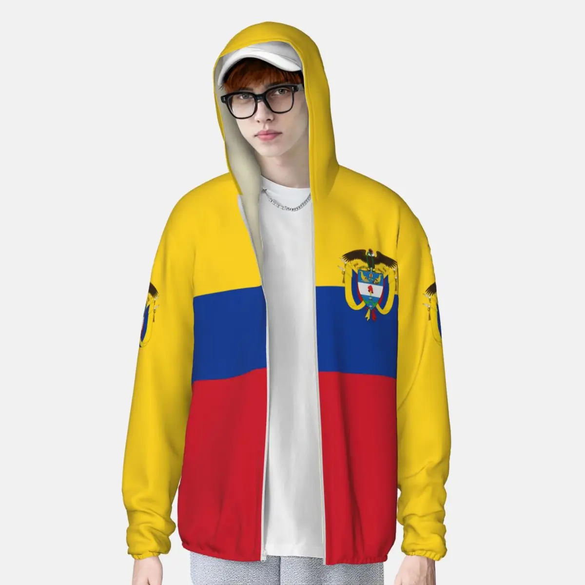 Colombia Flag Polyester Hoodie Sunscreen Sun Protection Fishing Running Clothes Quick Dry Performance Long Sleeve With Zipper