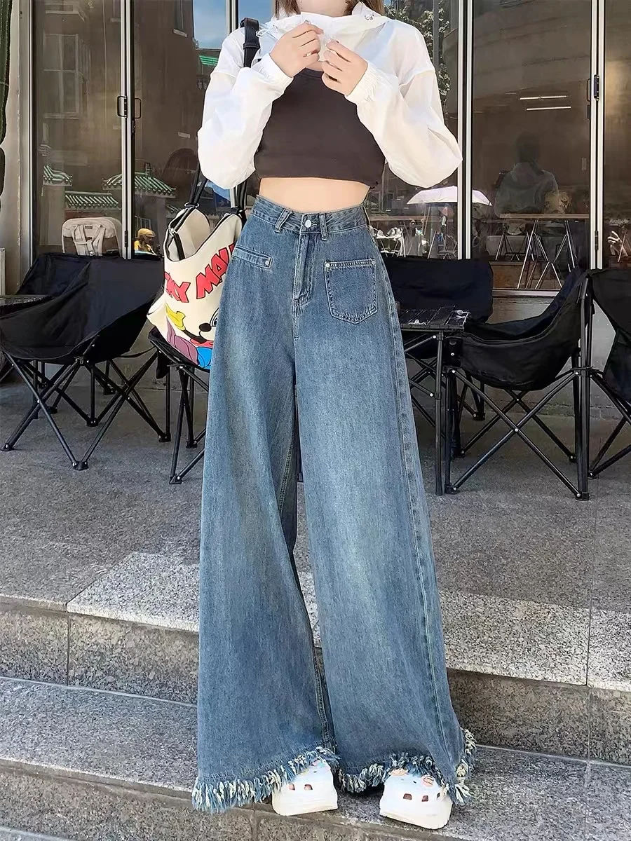 

plus Size Women's American Retro Frayed High Waist Skinny Straight Leg Floor Length Jeans Autumn Winter Loose Fit Trousers