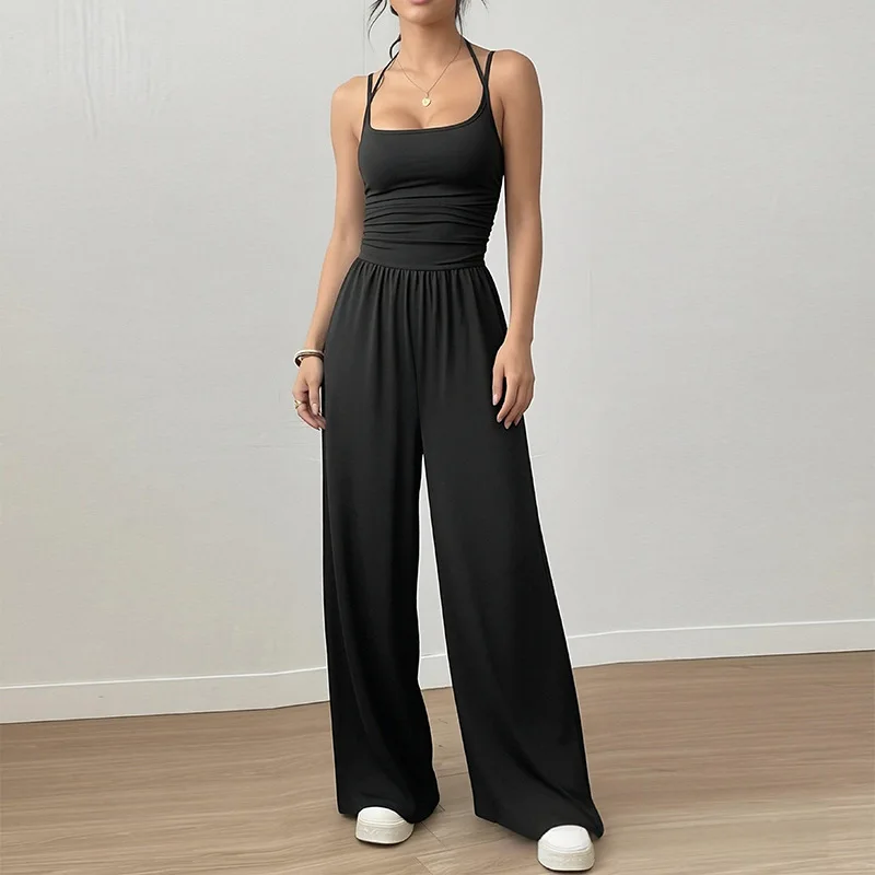 

Spring New Women's High Waist Wide Leg Monochrome Jumpsuit Commute Pure Color One-Piece Suit Long Pants Polyester Fiber
