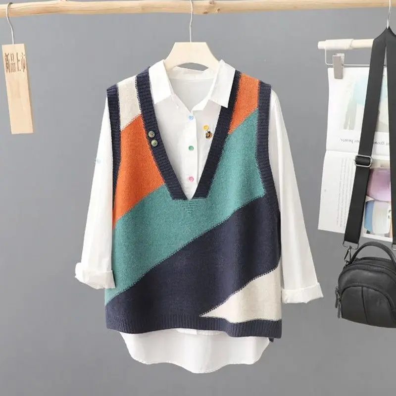 Women Trendy Contrast Colar Simple Chic Sleeveless Knitted Sweater Vest Spring Autumn Y2K Casual V Neck Loose Pullover Waistcoat