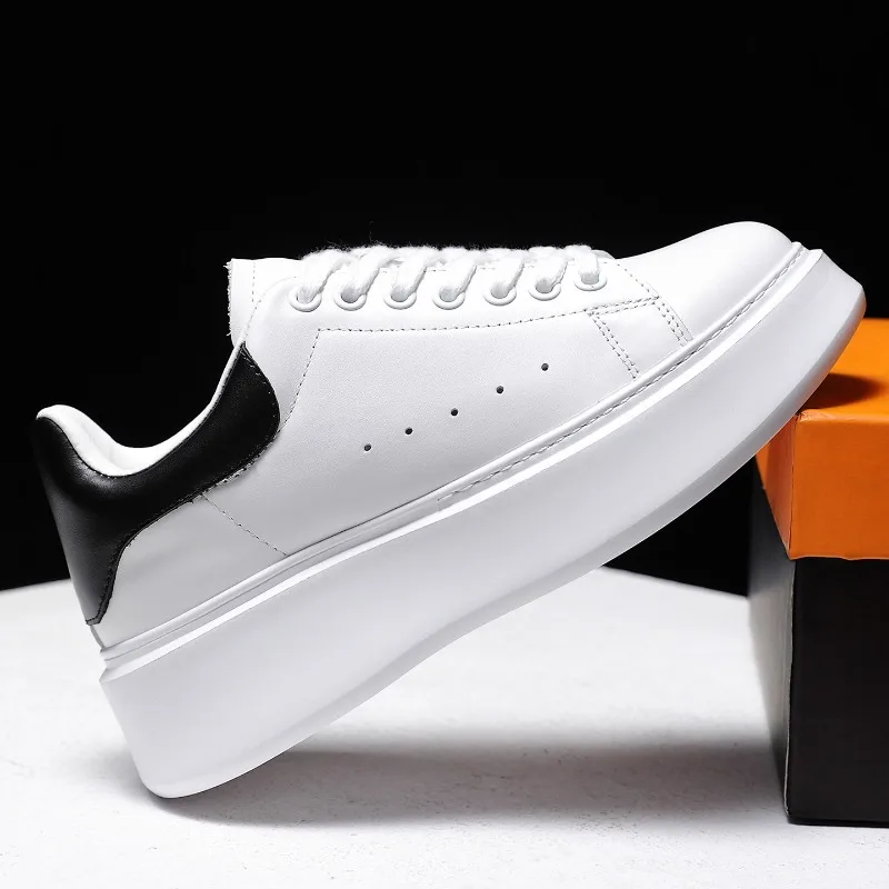 Women Platform Sneakers Lace‑up Thick Height Increasing Sole Genuine Leather Casual White Skate Shoes Daily Walking Shoes