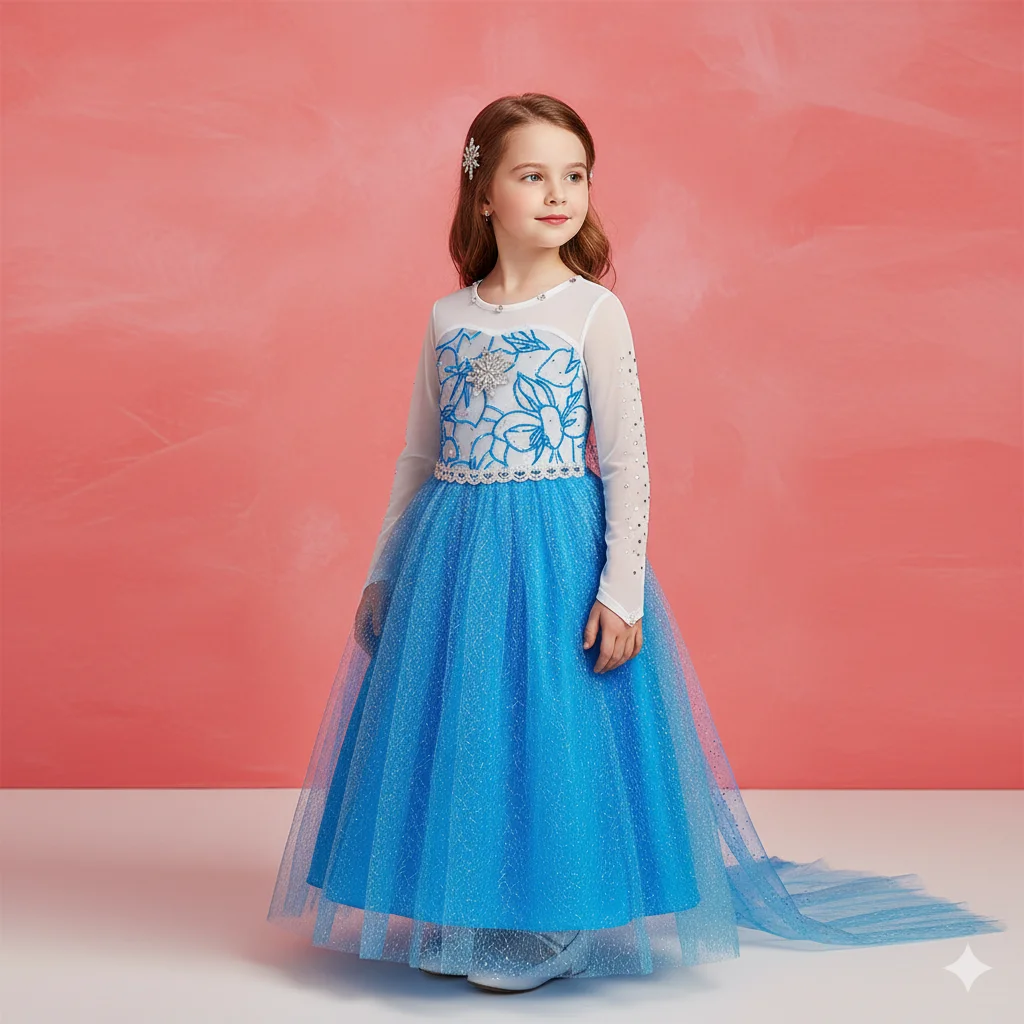 Hautfreundliches Eiskönigin-Kleid mit Weichem Futter und Voluminösem Tüllrock für Mädchen Geburtstag Karneval Party Feiertagsfeier