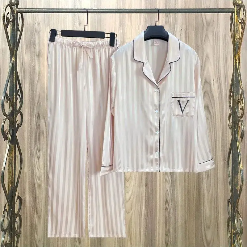 Women Striped Satin Pajama Set Autumn Cardigan Long Sleeve Pants Loose Casual Wear Fashion Classic Pink Sleepcoat Two Piece Set image 4
