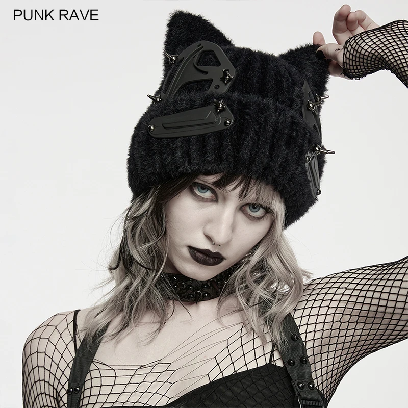 PUNK RAVE Women's Punk Future Imitation Mink Fur Cat Ear Futuristic Hat Rivets Adjustable Sizing Warm Party Club Accessories