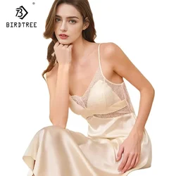 Birdtree, 100% Real Silk, Satin Dresses For Women, With Pad Spaghetti Strap Pajama Dress, Sexy Evening Nightgown P49732QM