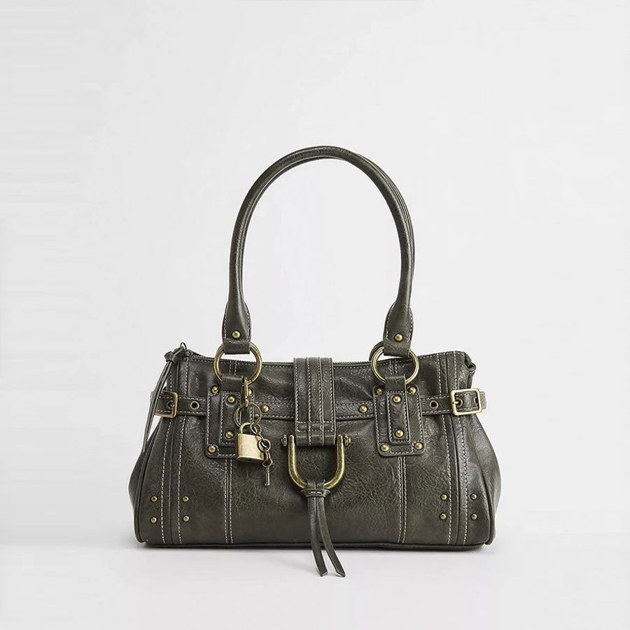 

Маленькая дизайнерская сумка с замком, новинка весенне-летнего сезона, в стиле ретро с заклепками, вместительная сумка-тоут для повседневного использования, на плечо.