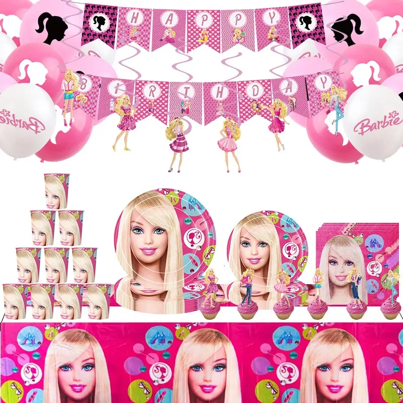 Barbie Birthday Party Decoration Pink Barbie Girl Theme Tableware Balloon Cups Plates Napkins Party Supplies For Kid Baby Shower