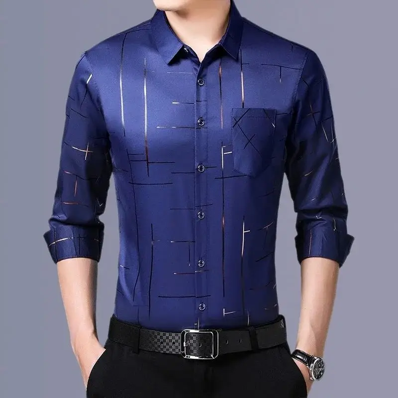 Men's Casual Fashionable Long Sved Printed Shirt Thickened Fleece Nine-point Sleeve  Collar Autumn Season Special Wide