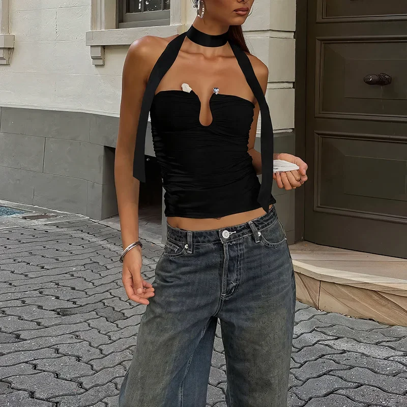 เสื้อผ้าผู้หญิงสำหรับฤดูร้อน เสื้อครอปแบบมีปกผ้าพันคอ ดีไซน์เข้ารูป ทรงตัวยู จับจีบ เซ็กซี่ โชว์หลัง ไซส์ใหญ่พิเศษ 9XL 8XL 7XL 6XL XXXXXL