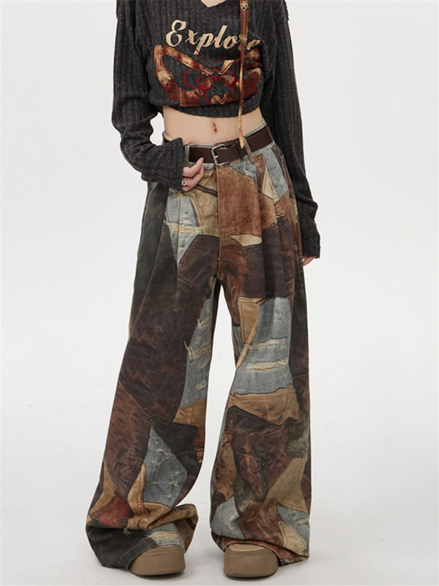 بنطلون جينز نسائي عالي الخصر وواسع الساق مرقع عتيق مغسول متعدد الألوان ريترو Y2K ملابس الشارع الشهير من قماش الدنيم #2
