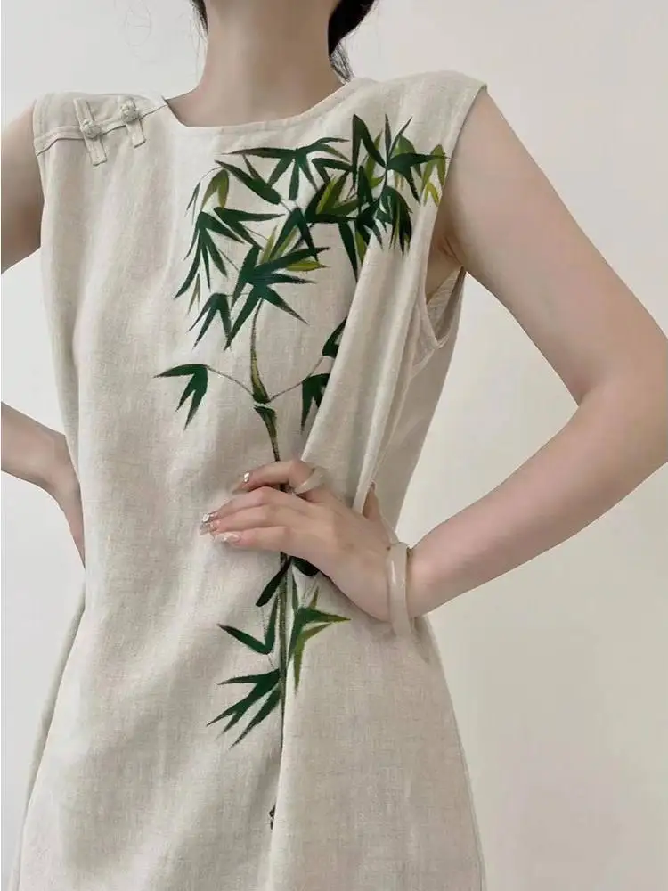 

New Summer Chinese Style Nationality Improved Dress Bamboo Patterned Sleeveless Vest Long Split Skirt Commute High ...