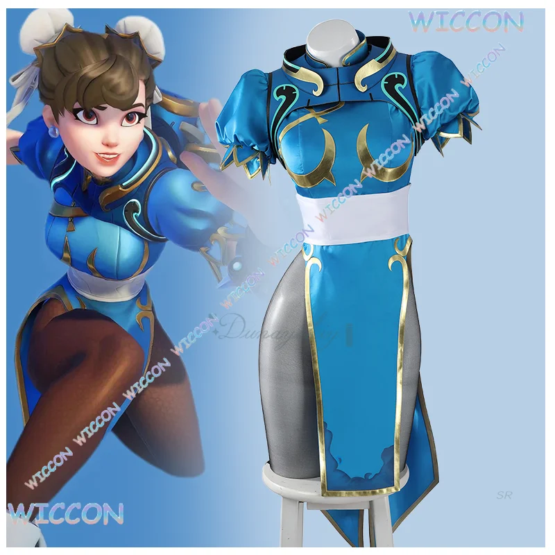 

Панда/игра OW Juno Косплей Костюм Chun-Li Linkage Outfis Сексуальная синяя униформа Cheongsam с высоким разрезом Хэллоуин Карнавал Играть на роли