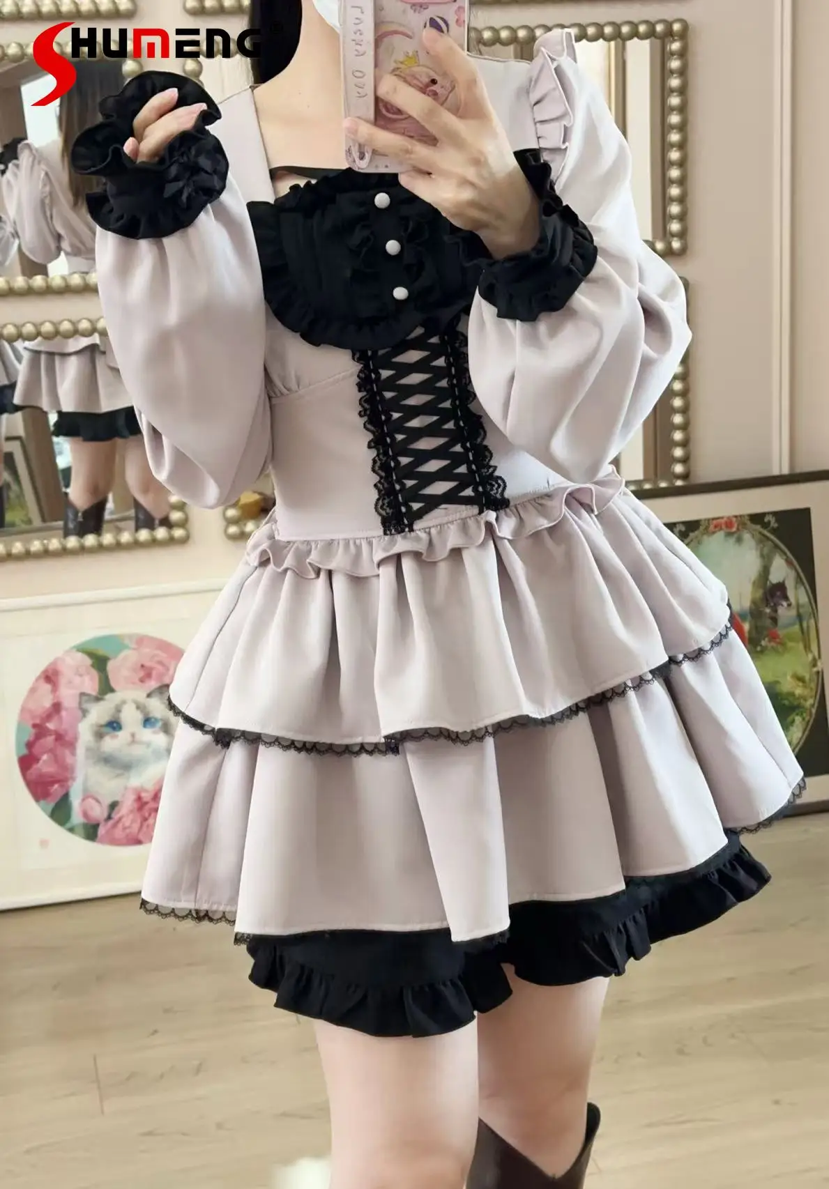 Japanese Style Mass-production Sweet Cute Lolita Dress Set Square Neck Long Sleeve Plaid Dresses Shorts Two-Piece Set for Women