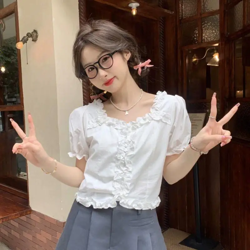 Short Sleeve Y2k Vintage White Camisa Sweet Crop Tops Shirts Slim Preppy Style Edible Tree Fungus Chemises American Ruched Women