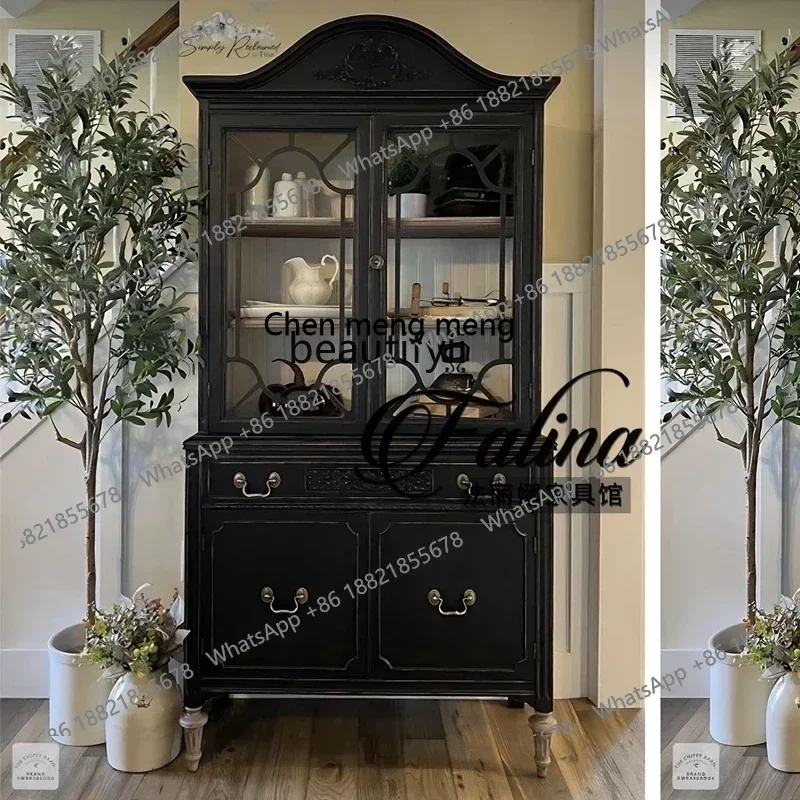 X  ss 8617French retro solid wood dining side cabinet integrated against the wall, American medieval, restaurant storage display
