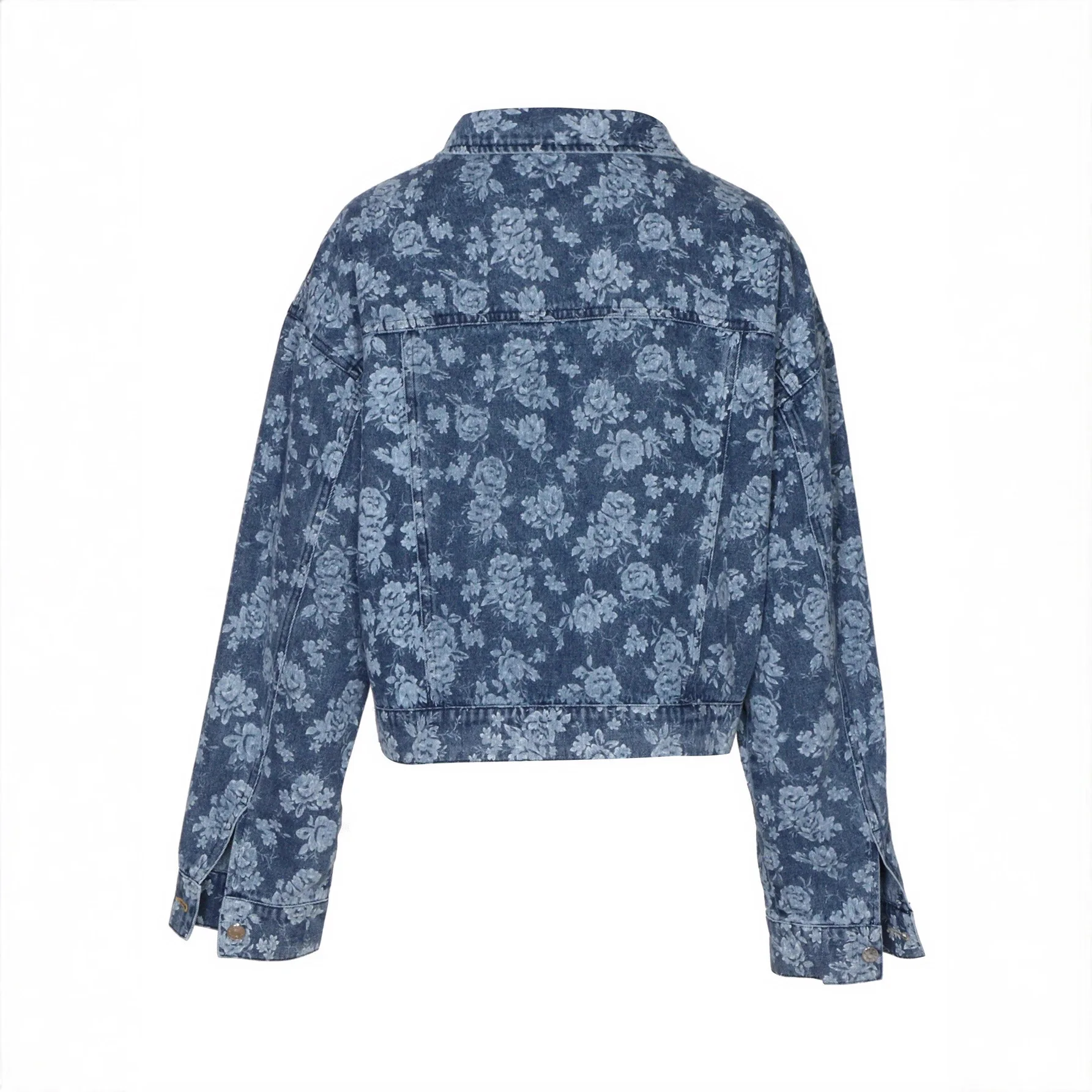 Women's Denim Jacket Casual Washed Floral Print Stand Collar Buttoned Coat Autumn Fashion Outerwear by