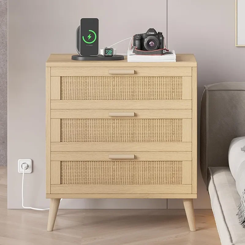 for Modern Simple Wooden Rattan Bedside Table with Socket Bedroom Nightstand Cabinet Locker Storage Unit for Home Decor
