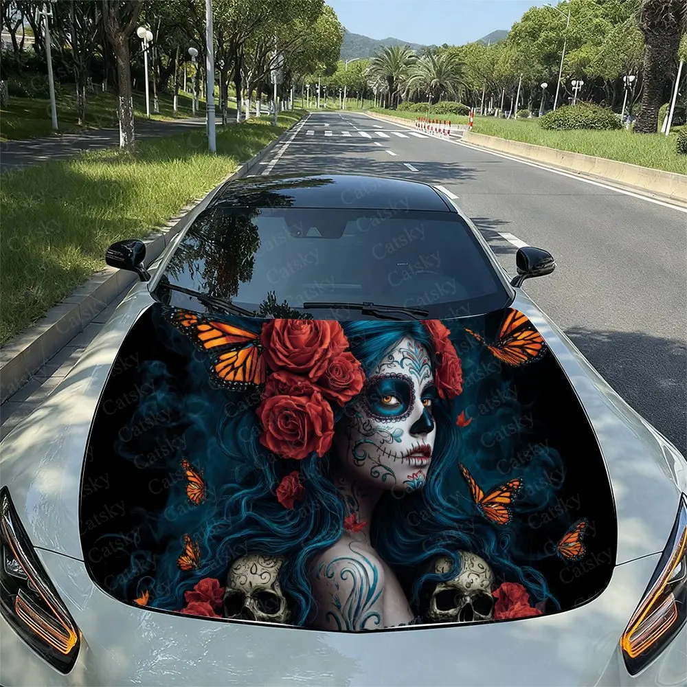 

Виниловая наклейка на автомобиль «День мёртвых: Роза и бабочка», водонепроницаемая ПВХ-наклейка на капот автомобиля, самоклеящиеся устойчивые к царапинам наклейки