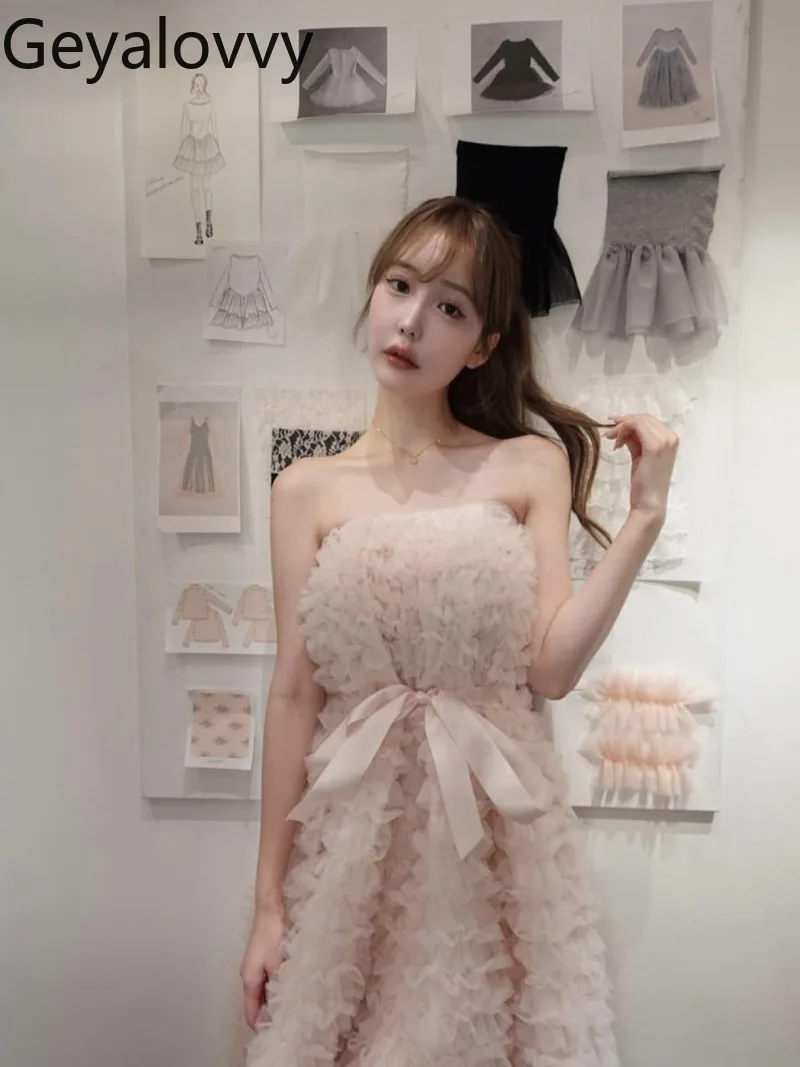 Verão novo estilo japonês doce bonito meninas em camadas bolo tule vestido versátil sem alças fora do ombro vestidos de comprimento médio