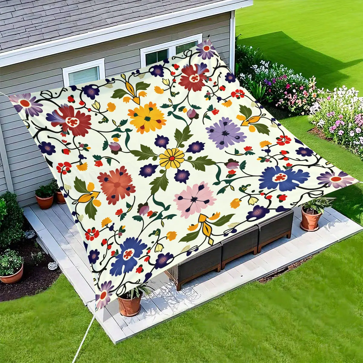 1 Piece Traditional Folk Art Floral Pattern Outdoor Awning and Beach Shade-Vibrant Red/Blue/Purple/Yellow/Pink/Orange Flowers