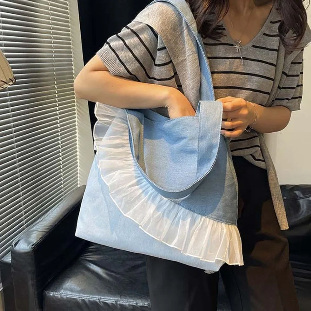 

Creative Portable Denim Blue Tote Bag Black PU Canvas Lace Handbag Korean Style Versatile Large Capacity Underarm Bag Spring