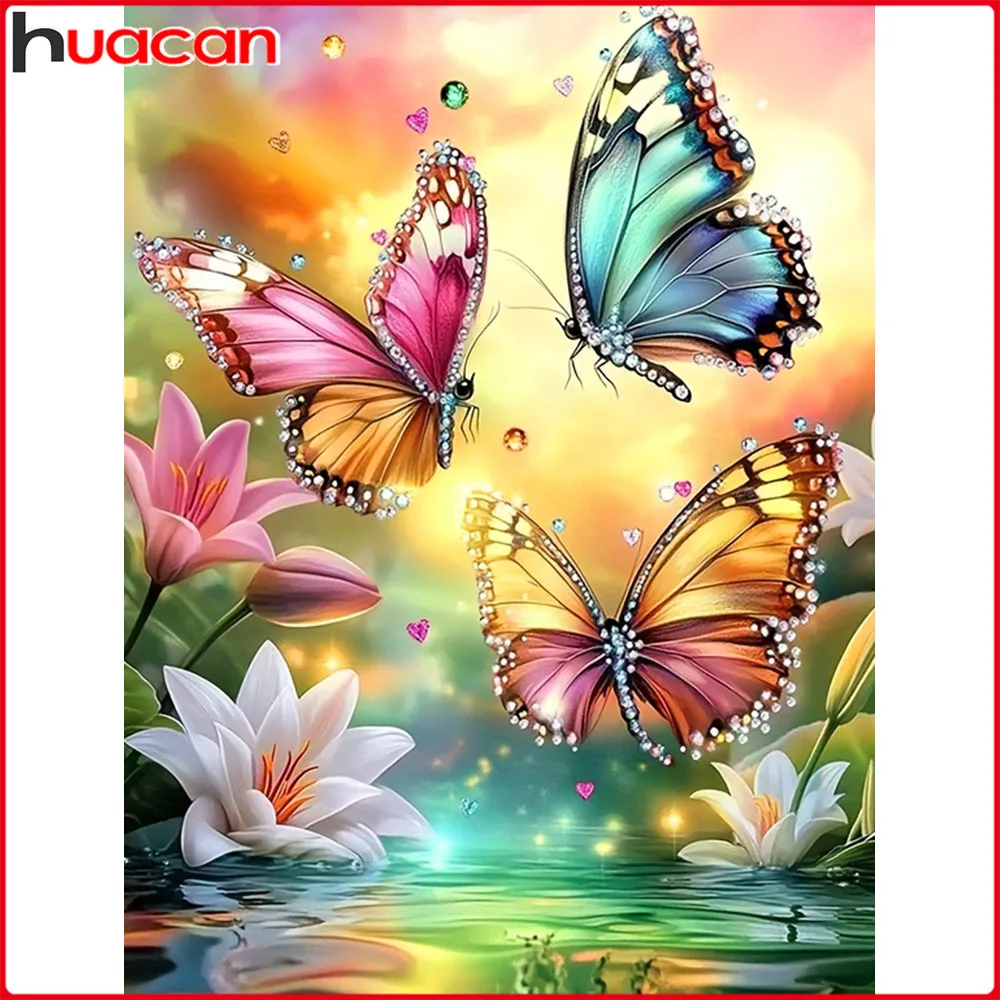 Huacan 5D-Diamantgemälde zum Selbermachen, Schmetterling, Lilie, Diamantmosaik, Tierblume, neue Kollektion, Geschenk