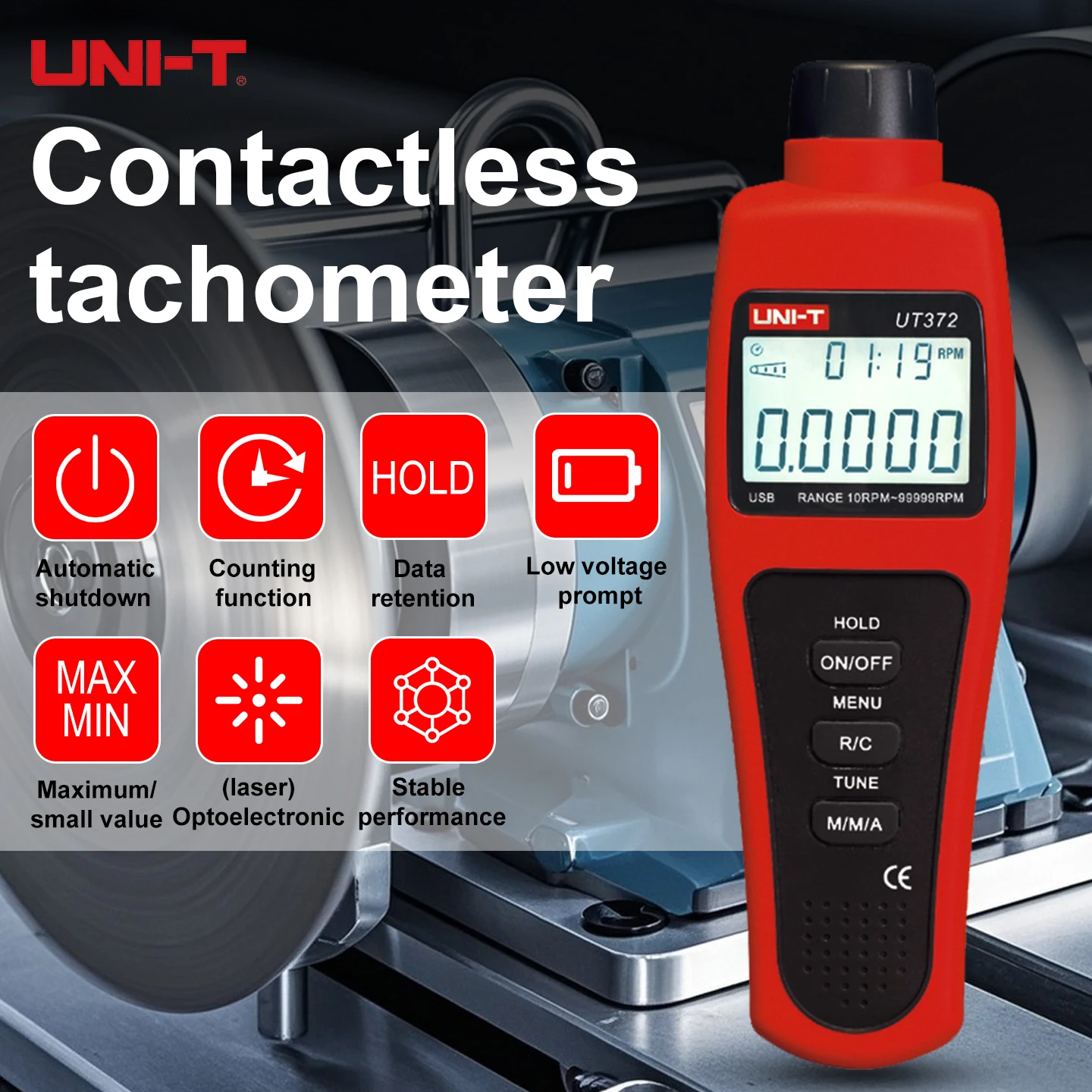 UNI-T Contactless Tachometer UT372 Digital RPM Meter Laser Speed Tester 10-99999RPM USB Data Transfer LCD for Motor Engine - view 3