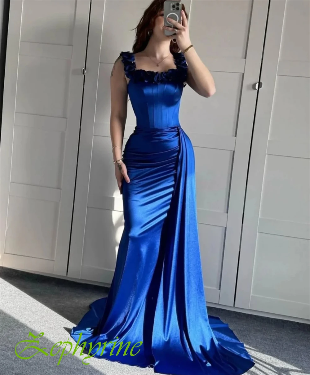 Maßgeschneidertes elegantes trägerloses Abendkleid aus Satin, exquisite Meerjungfrau-Abschlussballkleider, hochwertige Blumen, Kleider für besondere Anlässe