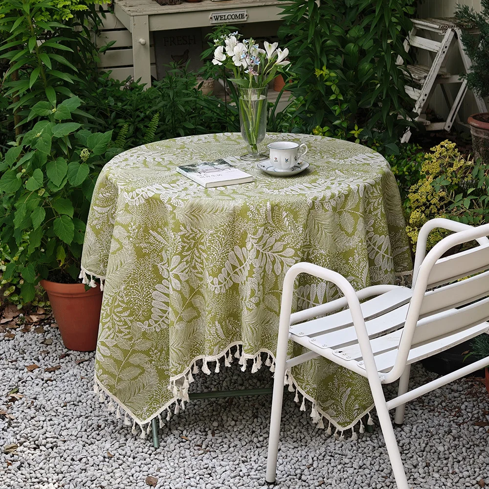 Washable Green Jungle Leaf Printed Tablecloth with Fringe, Multi-size Round Table Mat, Decor Cover for Farmhouse, Restaurant