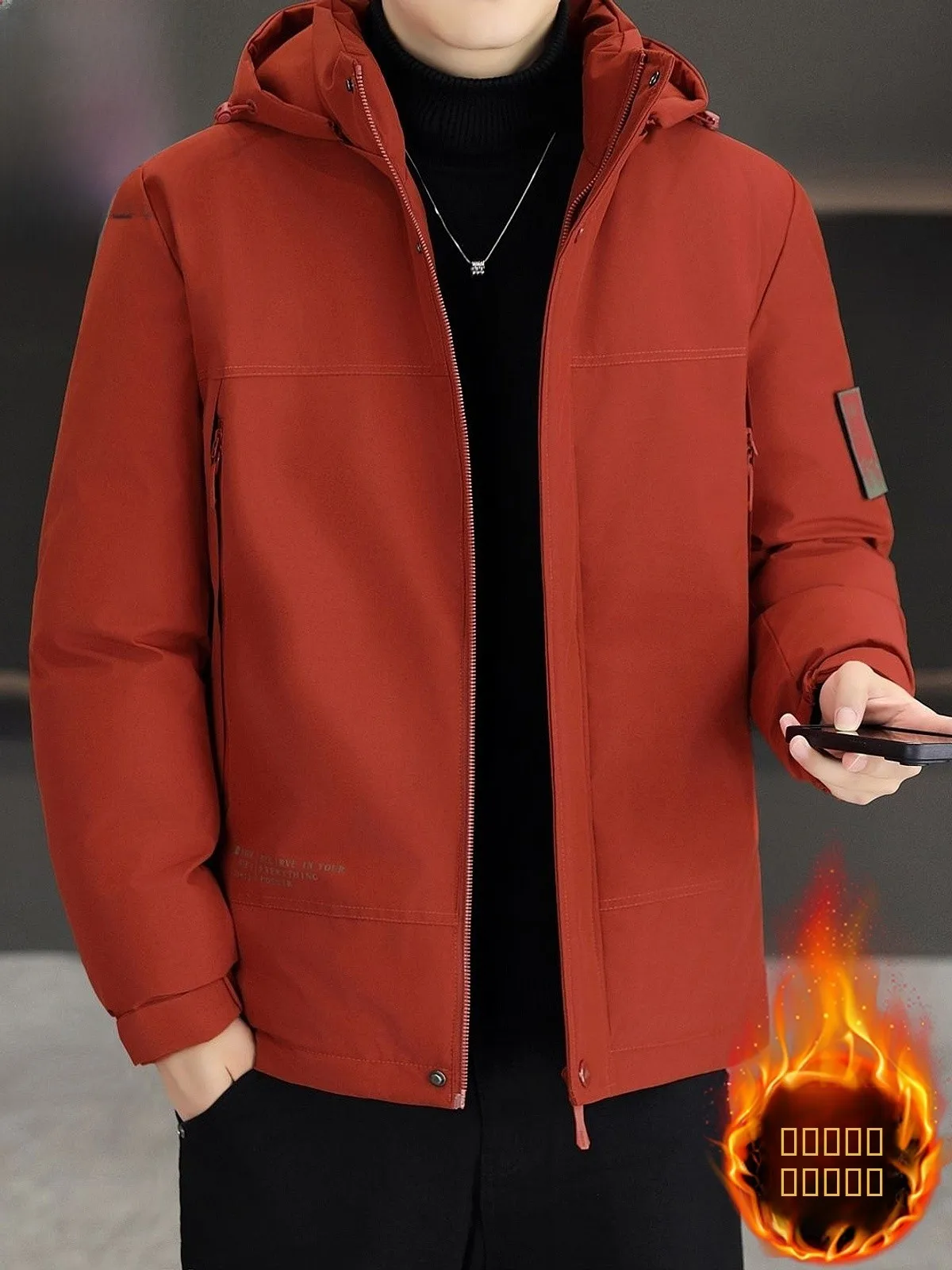 

Men's Thiened Winter Cotton Jaet Red Medium-Length Warm Coat Youth Casual Sle Zipper Closure Hooded Polyester F...