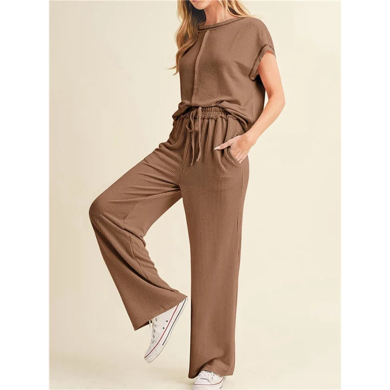 بلوزة CYL-Women's مكونة من قطعتين كاجوال مضلعة بأكمام قصيرة، سراويل واسعة الساق، ملابس منزلية، ملابس رياضية للسفر #2