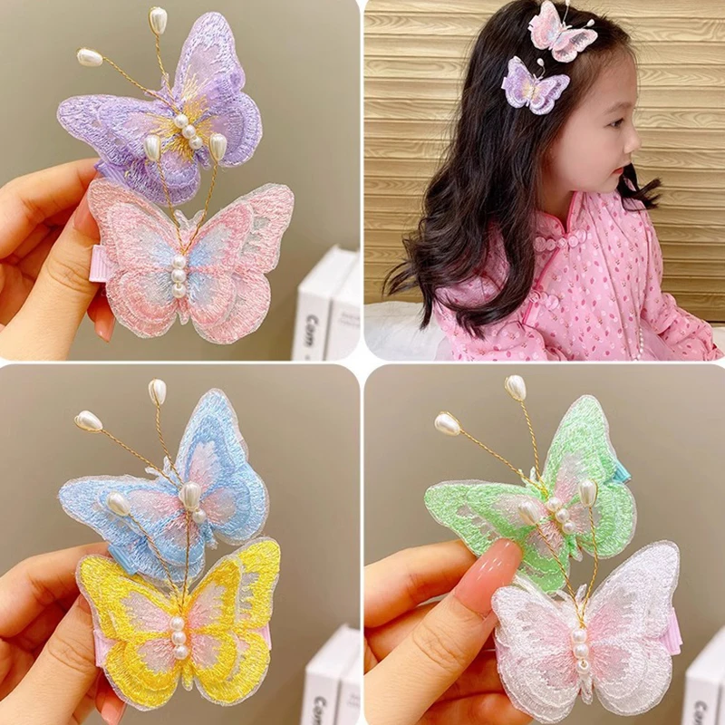 Borboleta bordada grampos de cabelo para meninas, grampos de cabelo arco, headwear DIY, grampos decorativos, acessórios para cabelo infantil, 1 par